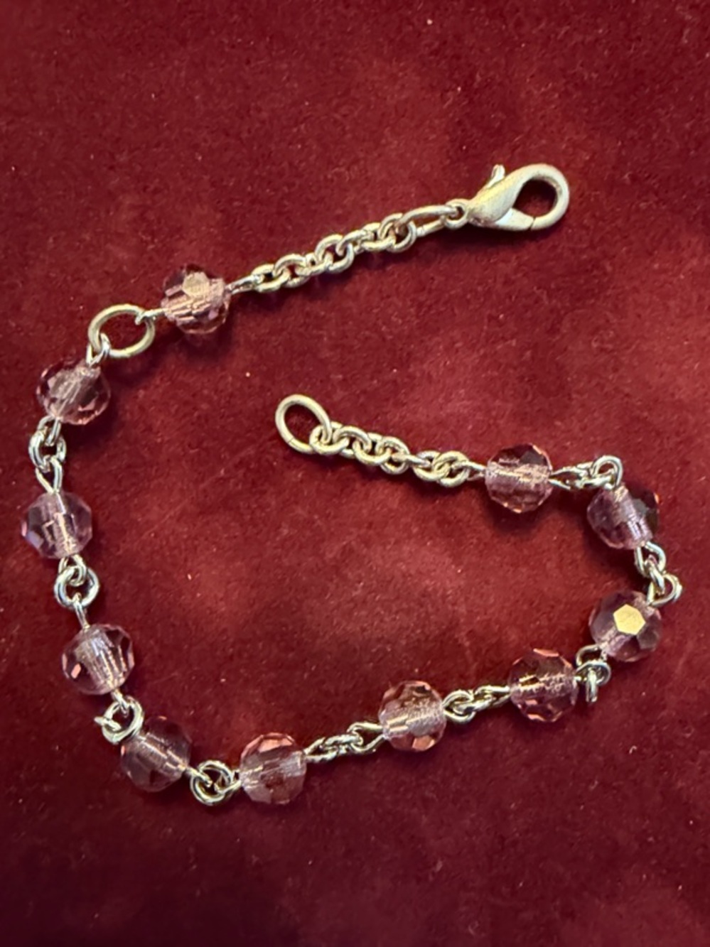 Hand-crafted, Silver Chain Bracelet with Light Pink Crystal Beads